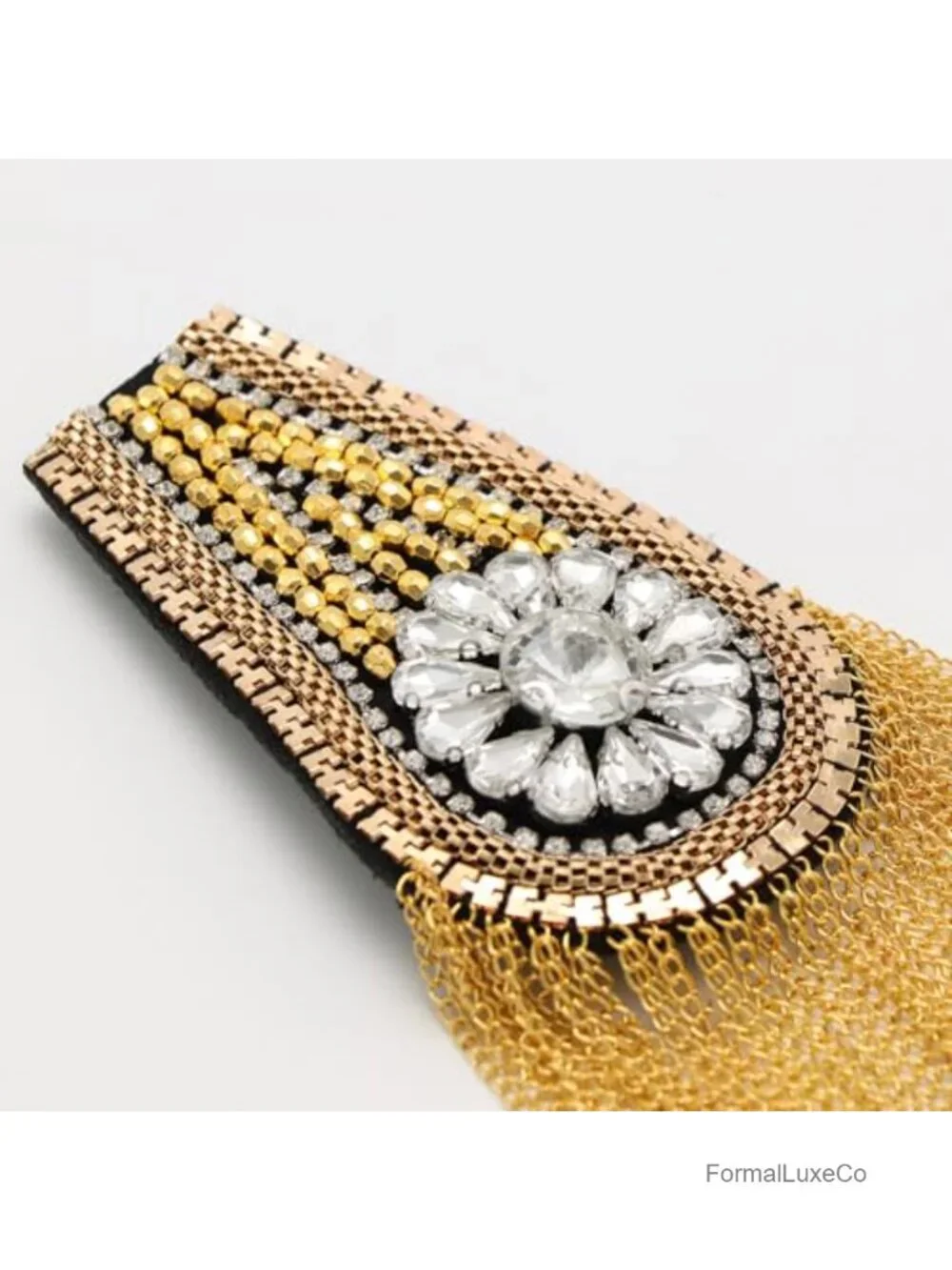 Crystal Beads Gold Tassel Epaulette Brooch Pin Punk Fringe Shoulder Badge Pair